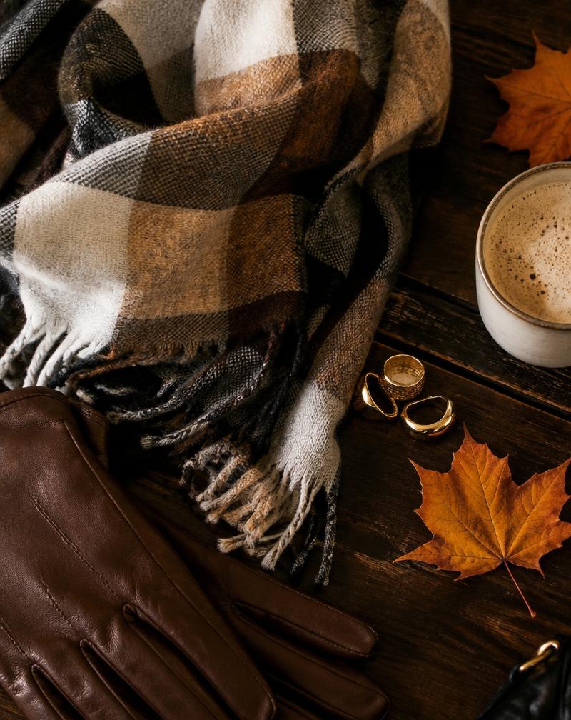 Checked scarf, leather gloves and gold rings