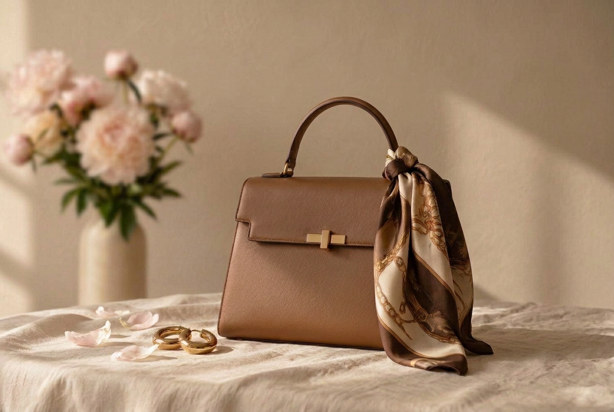 Caramel leather top-handle bag with a silk scarf tied to the handle, gold hoops and blush peonies on cream linen